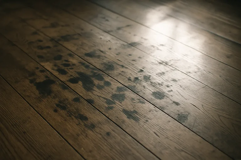 Gros plan d'un sol en parquet montrant des taches sombres, éclairage naturel.