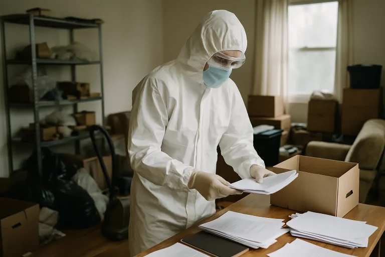 Un professionnel en tenue de protection trie des documents dans une pièce encombrée après un décès.
