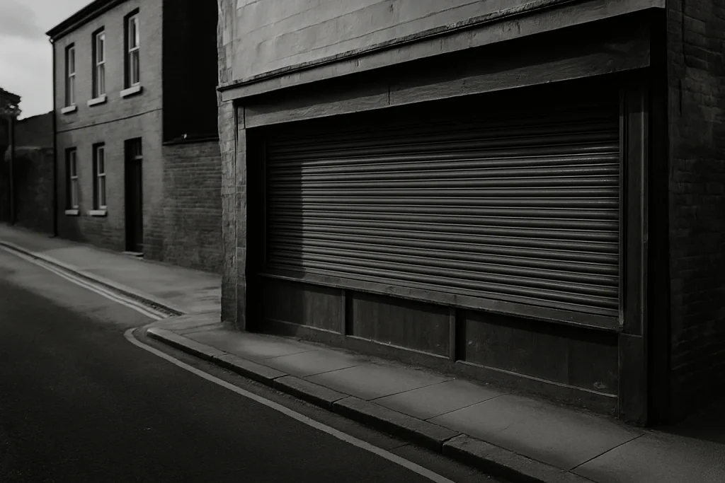 Vue d'une rue vide avec une façade fermée, noir et blanc, forte contraste