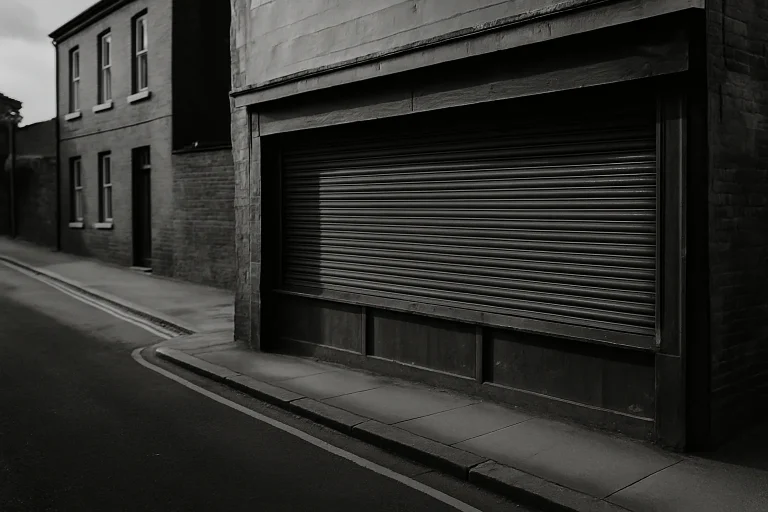 Vue d'une rue vide avec une façade fermée, noir et blanc, forte contraste