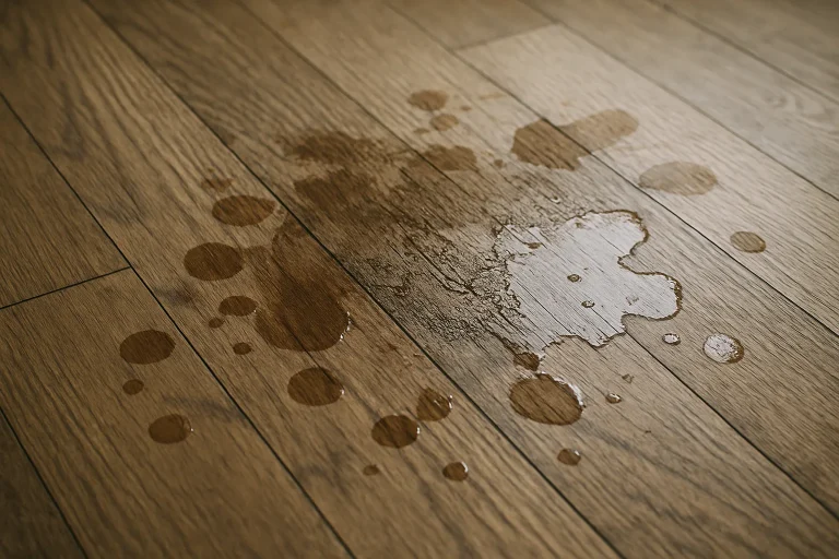 Gros plan sur un parquet avec des taches de fluides, éclairage naturel mettant en valeur les dommages.