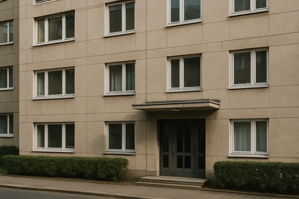 Façade d'un immeuble résidentiel, entrée principale et fenêtres visibles.