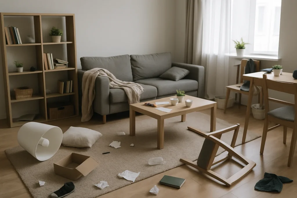 Salon avec meubles déplacés et objets éparpillés, ambiance de désordre