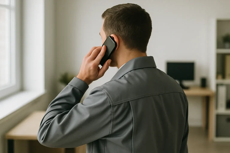 Silhouette d'un professionnel en conversation téléphonique, lumière douce, intérieur