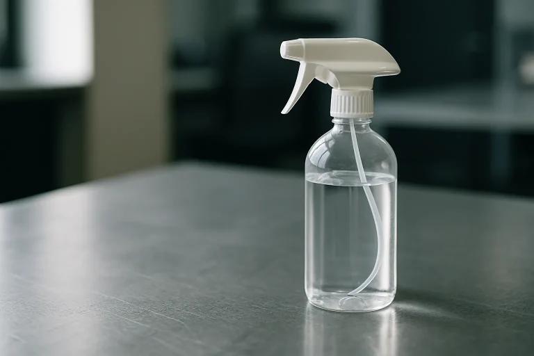 Vaporisateur de désinfectant sur une table en métal, gros plan, lumière naturelle