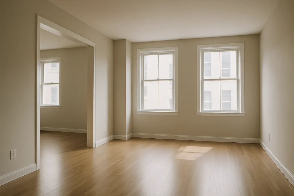 Appartement vide avec lumière douce après traitement post-décès, ambiance sereine
