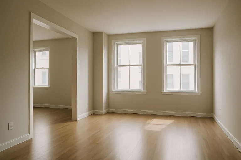 Appartement vide avec lumière douce après traitement post-décès, ambiance sereine