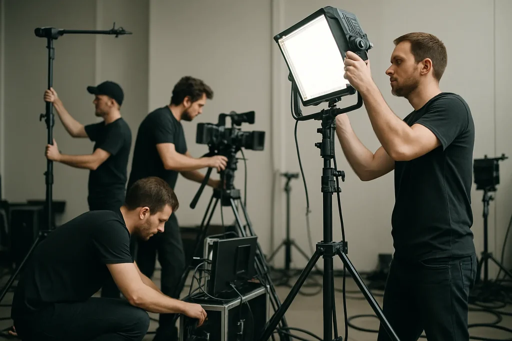 Plusieurs techniciens en action avec équipements de nettoyage, scène dynamique.