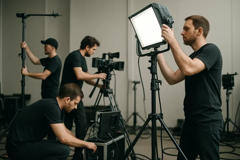 Plusieurs techniciens en action avec équipements de nettoyage, scène dynamique.
