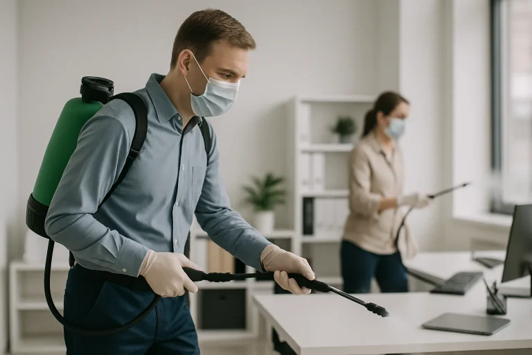 Techniciens en masques utilisant des outils pour éliminer des odeurs gênantes.