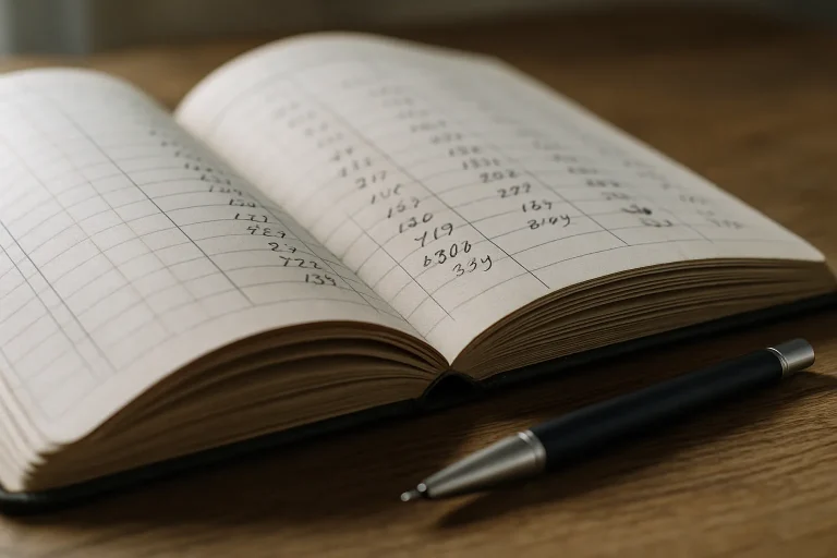 Livre de comptes ouvert avec un stylo, éclairage naturel, pages remplies de chiffres.