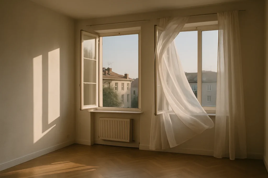 Appartement vide avec fenêtres ouvertes, lumière douce, ambiance aérée.