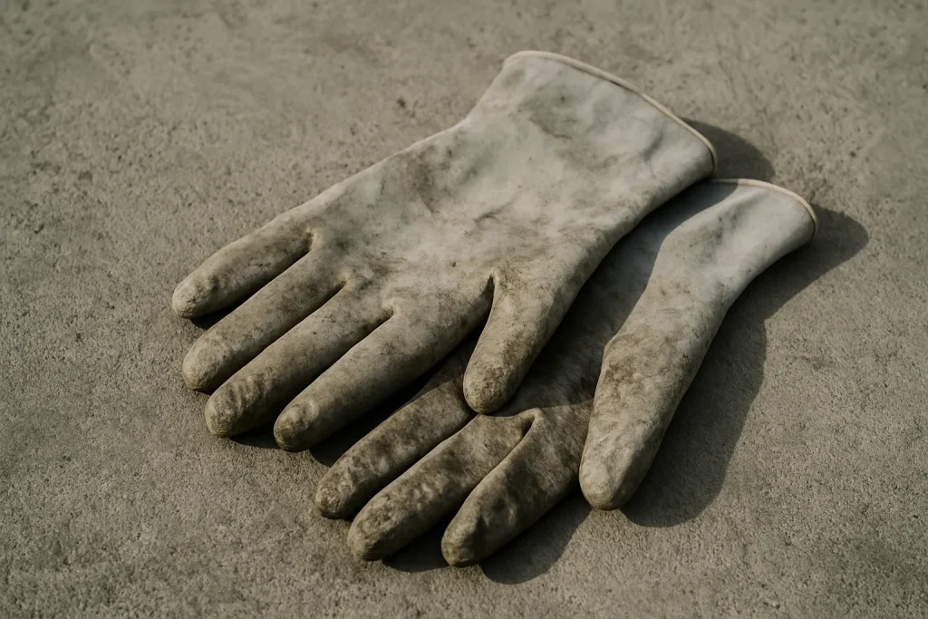 Gros plan de gants usés sur une surface en béton, lumière naturelle.