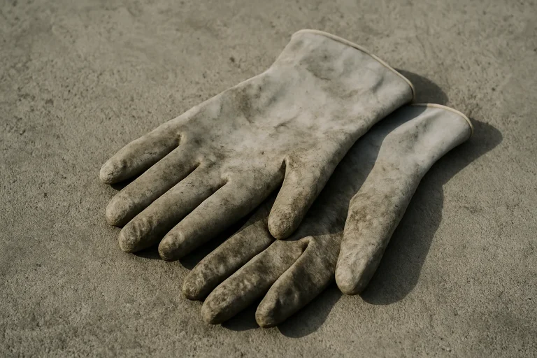 Gros plan de gants usés sur une surface en béton, lumière naturelle.
