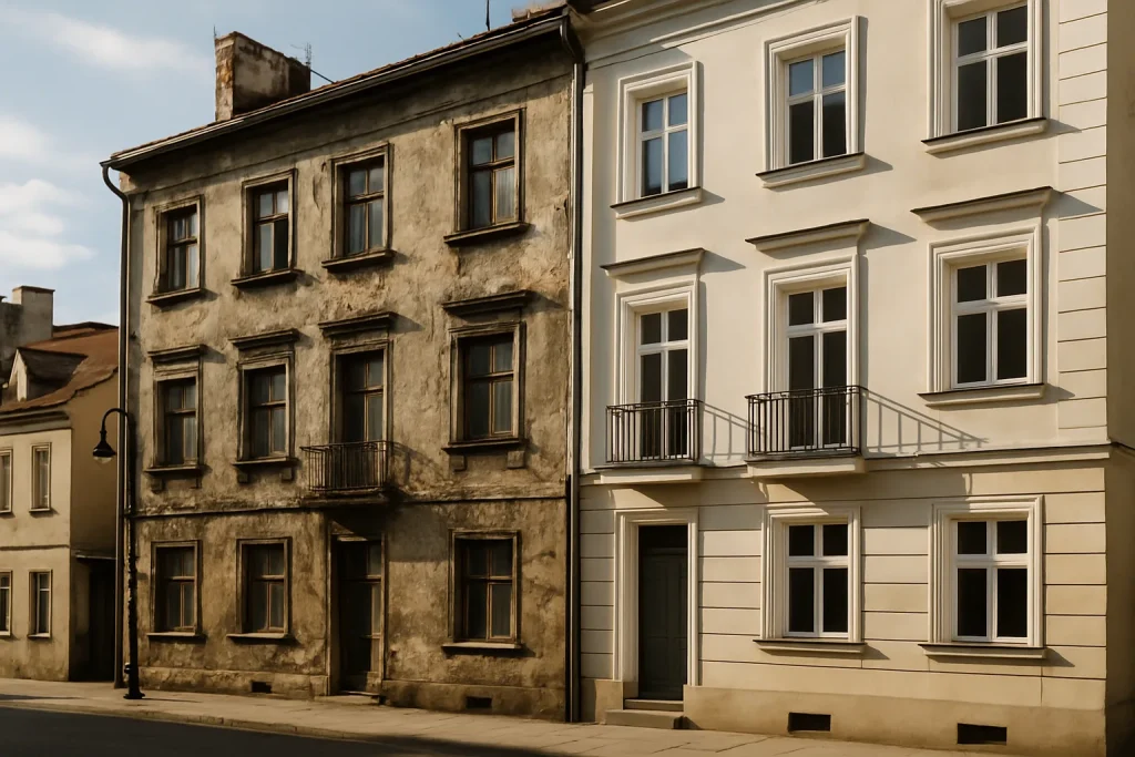 Deux immeubles voisins, un en bon état, l'autre vieilli, sous un ciel clair.