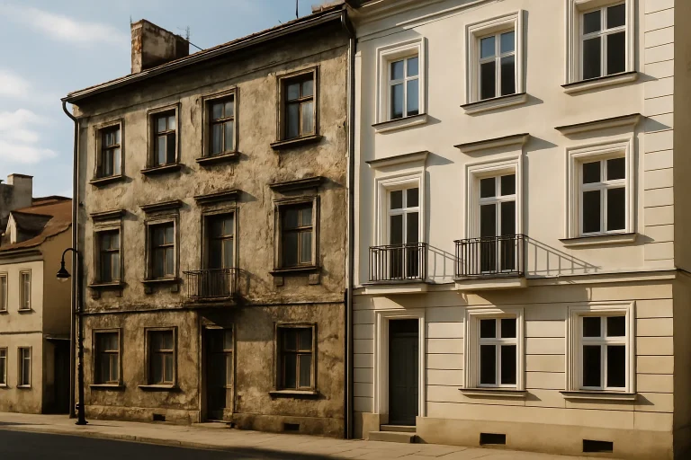 Deux immeubles voisins, un en bon état, l'autre vieilli, sous un ciel clair.