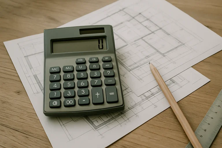 Calculatrice et plans de construction sur table en bois, lumière naturelle