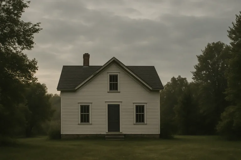 Maison isolée entourée d'arbres sous un ciel nuageux, vue extérieure