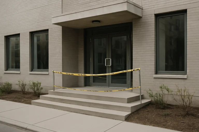 Vue extérieure d'un bâtiment urbain avec porte principale dégagée et absence de rubans de sécurité.