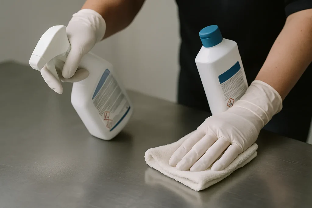 Mains gantées utilisant des produits de nettoyage spécialisés sur une surface métallique.