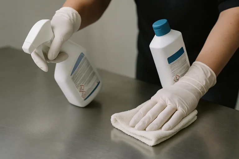 Mains gantées utilisant des produits de nettoyage spécialisés sur une surface métallique.