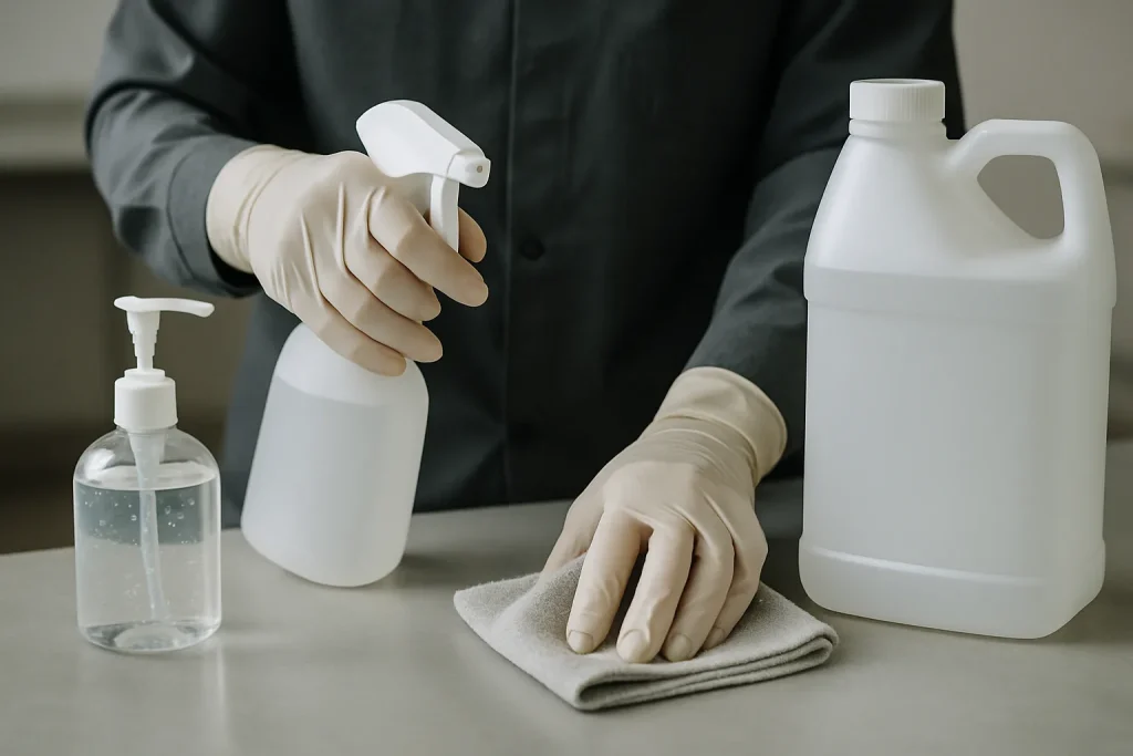 Mains en gants manipulant des produits de désinfection, gros plan sur outils et produits