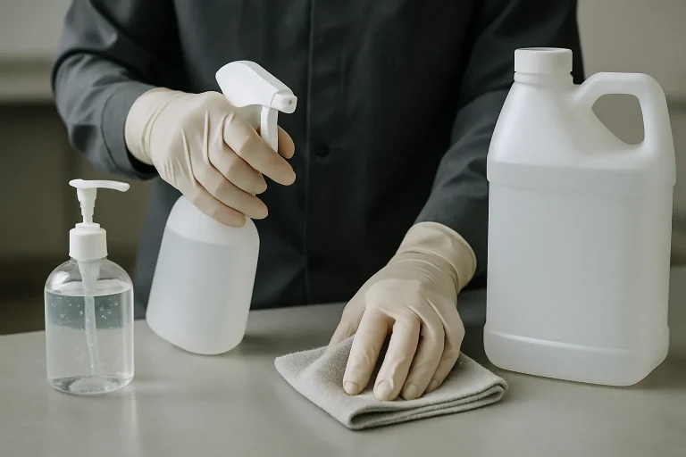 Mains en gants manipulant des produits de désinfection, gros plan sur outils et produits