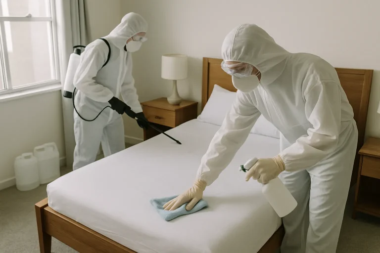 Professionnels en tenue de protection désinfectant une chambre après un décès solitaire, produits visibles
