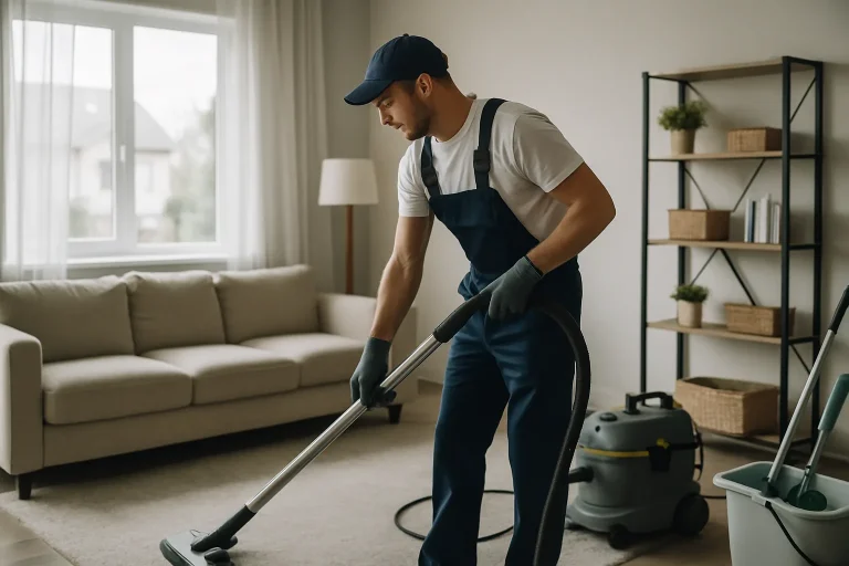Technicien nettoyant une maison avec des équipements professionnels, lumière naturelle.