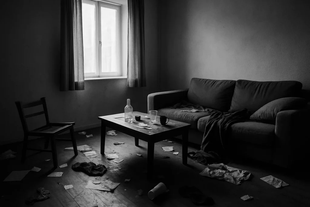 Intérieur en désordre avec effets personnels dispersés, lumière douce entrant par une fenêtre