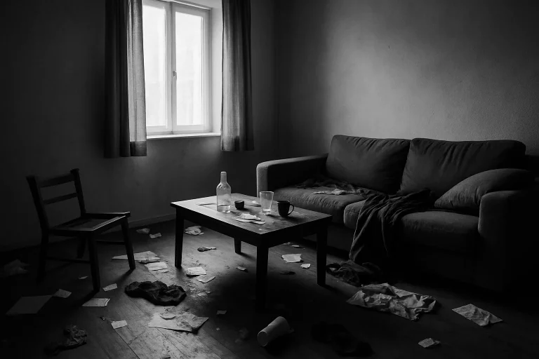 Intérieur en désordre avec effets personnels dispersés, lumière douce entrant par une fenêtre