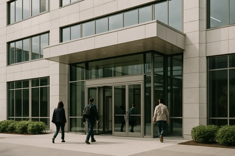 Entrée d'un bâtiment administratif moderne avec des portes vitrées, des personnes entrant et sortant.