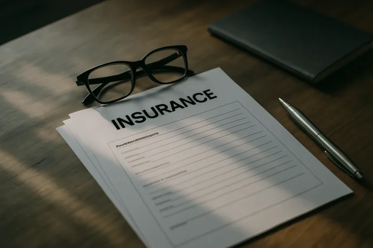 Table avec documents d'assurance, éclairage doux, ambiance sérieuse