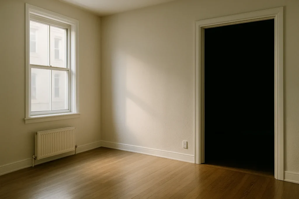 Appartement vide avec zones d'ombre, lumière douce, suggérant un danger caché.
