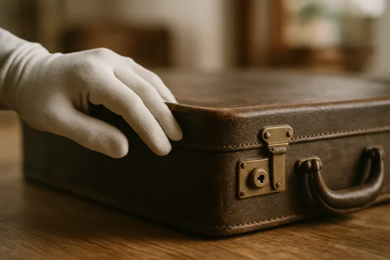 Main gantée inspectant une valise en cuir pour éviter l'infestation des biens.