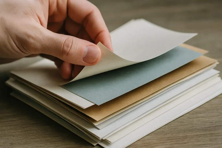 Main feuilletant une pile de papiers variés, lumière naturelle.