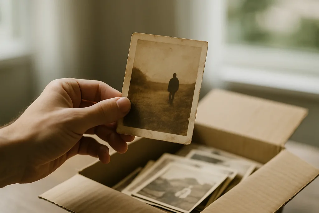 Main tenant une photographie sépia avec une boîte de souvenirs en arrière-plan.