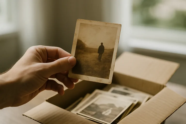 Main tenant une photographie sépia avec une boîte de souvenirs en arrière-plan.