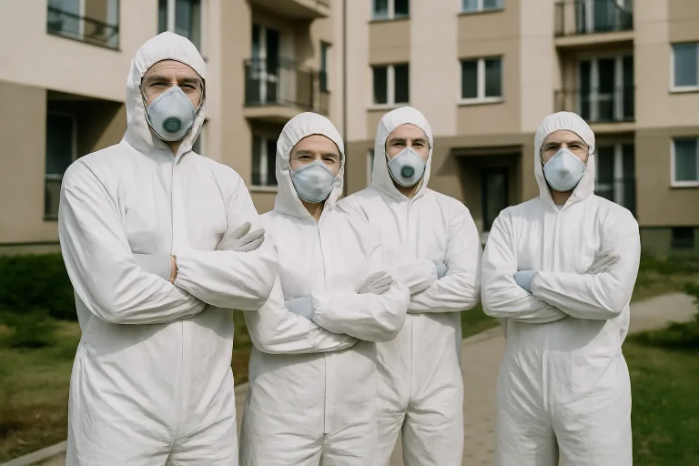 Équipe de professionnels en combinaison de protection devant un bâtiment, sous la lumière du jour