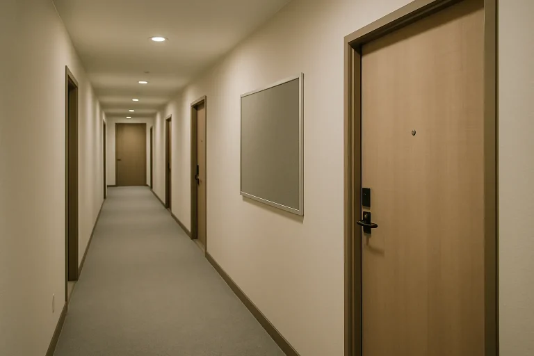 Couloir d'immeuble résidentiel moderne avec portes d'appartements et panneau d'affichage.