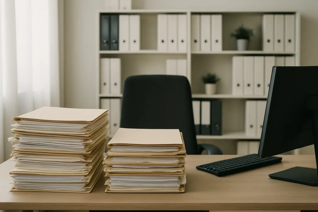 Bureau avec dossiers empilés et chaise vide, éclairage doux, ambiance organisée.