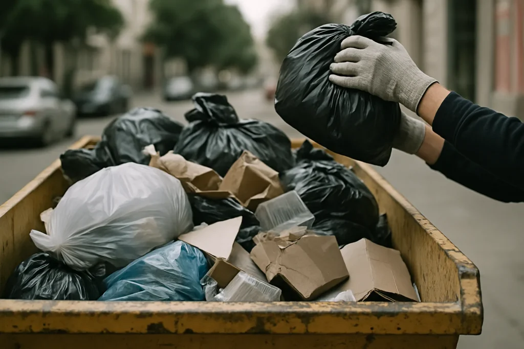 Benne remplie de déchets divers, des mains gantées ajoutent un sac, rue floue en arrière-plan