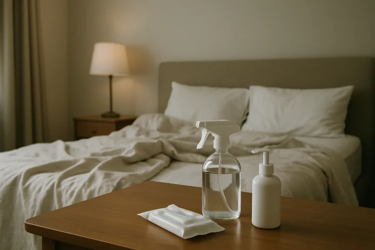 Chambre avec lit défait et outils de désinfection sur une table, lumière tamisée