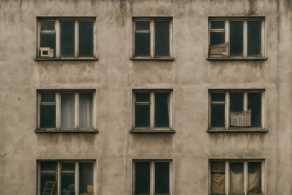 Façade d'un immeuble résidentiel avec fenêtres obstruées, vue extérieure.
