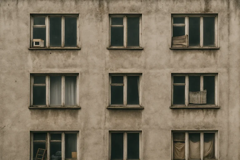 Façade d'un immeuble résidentiel avec fenêtres obstruées, vue extérieure.