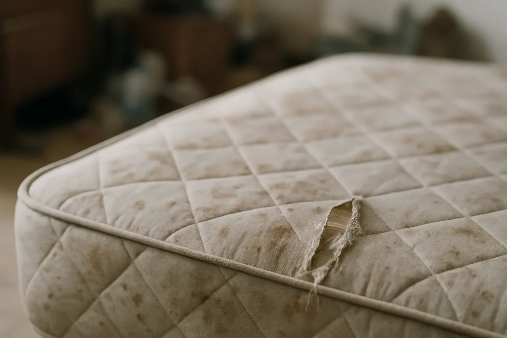 Matelas taché et déchiré vu de près, avec un arrière-plan flou.