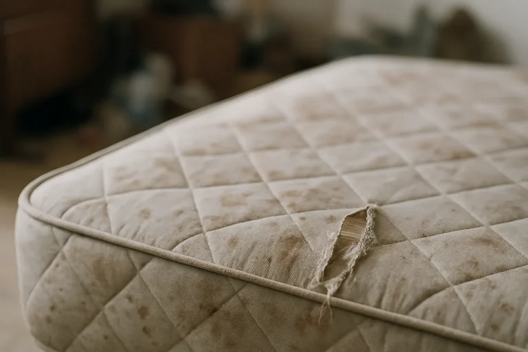 Matelas taché et déchiré vu de près, avec un arrière-plan flou.
