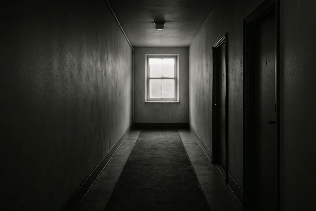 Couloir d'immeuble avec tapis usé, lumière diffuse, en noir et blanc.