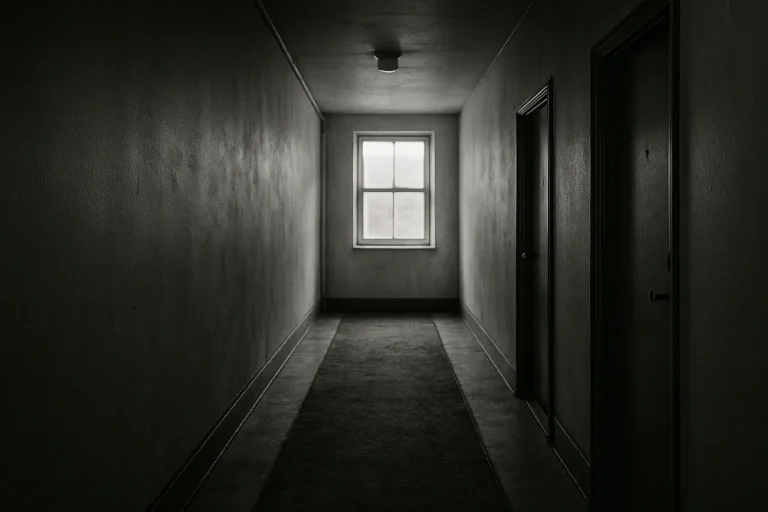 Couloir d'immeuble avec tapis usé, lumière diffuse, en noir et blanc.