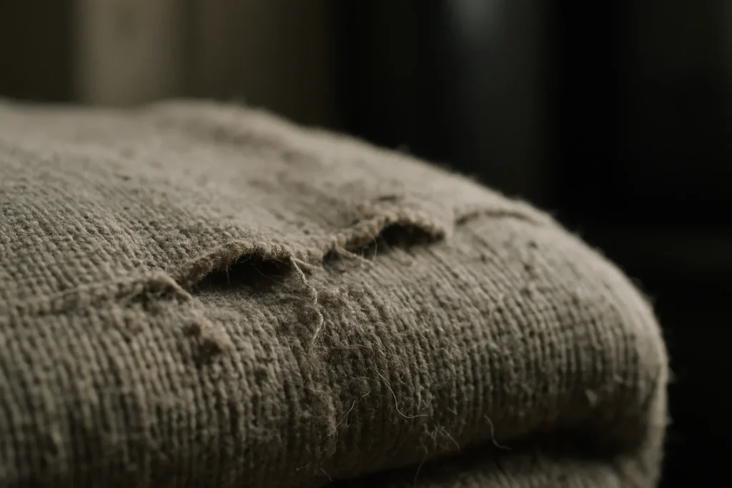 Gros plan sur un tissu ancien, fibres détériorées avec poussière, fond flou.